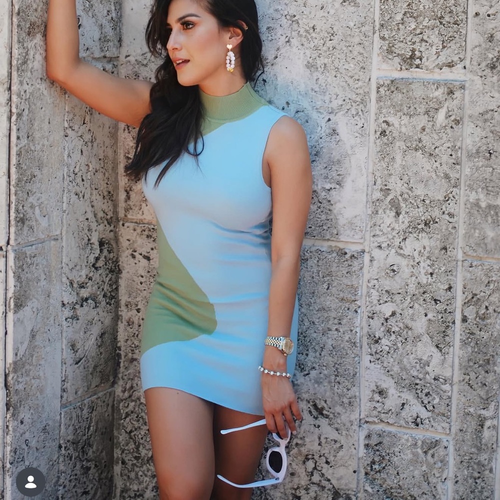 Amazon Sleeveless Light Blue and Olive Mini Dress